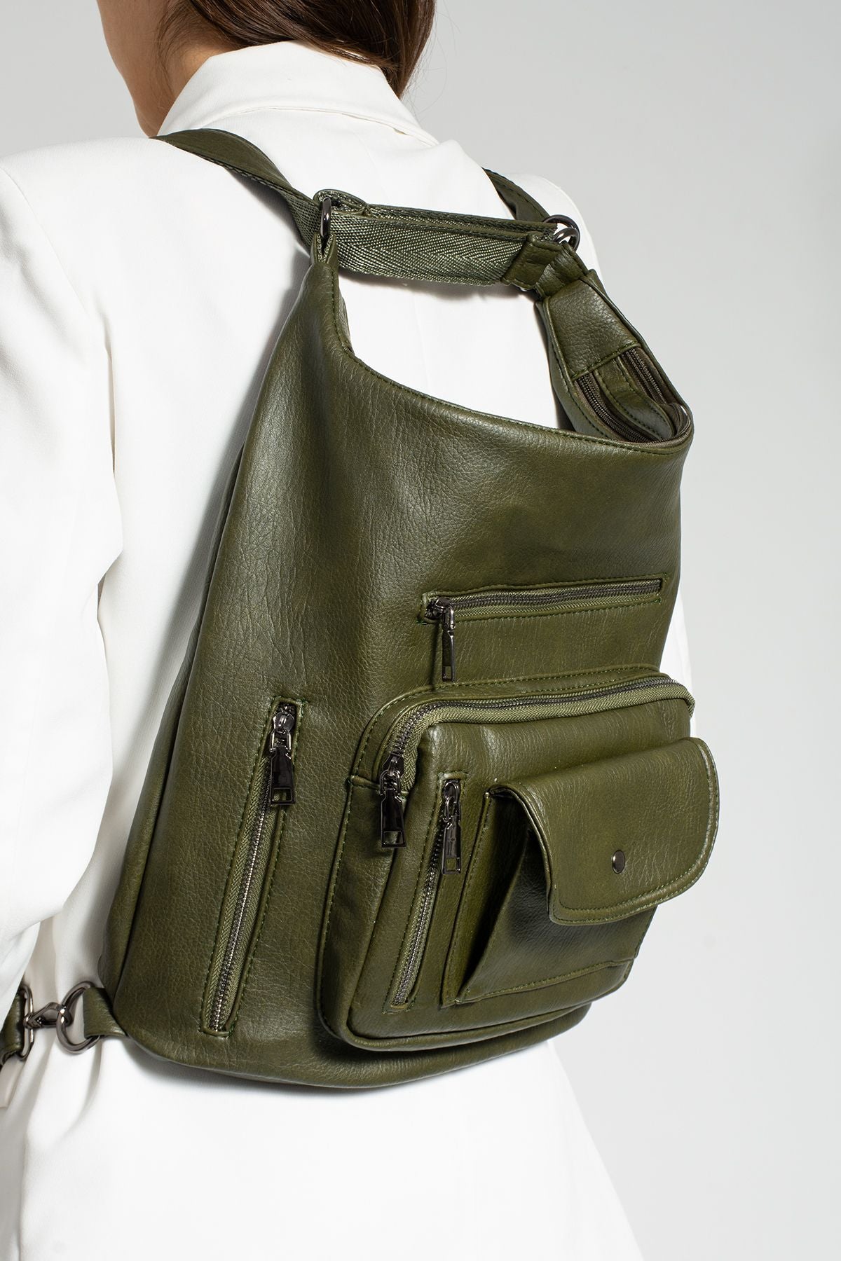 Kadın Haki Sırt Çantası Ve Çapraz Çanta 10 Gözlü Büyük Çanta