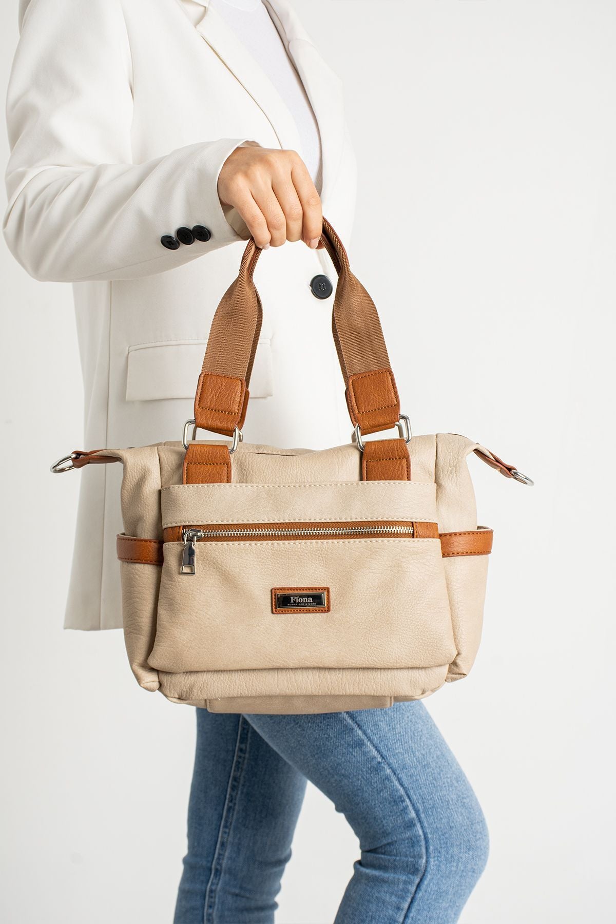 kadın Krem-Taba Çok Bölmeli EL Ve Çapraz Çanta