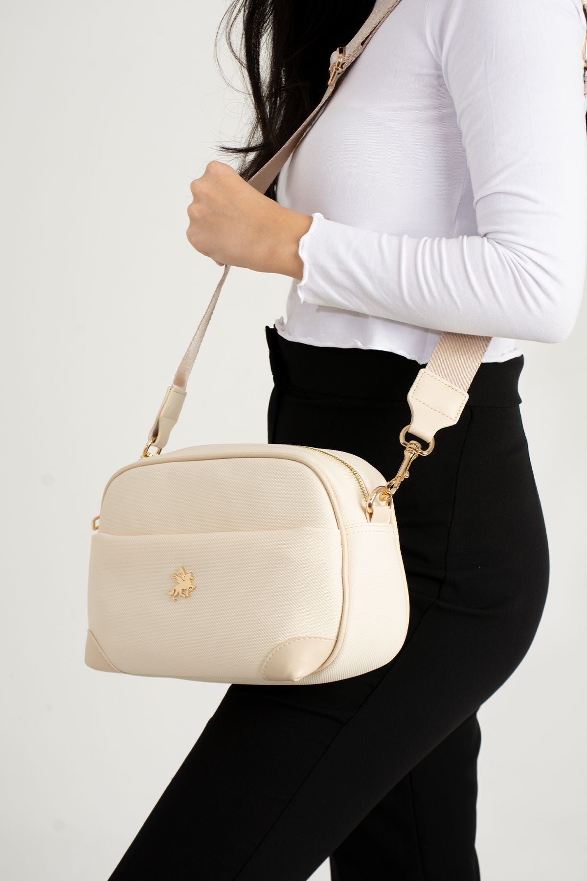 Kadın Krem 4 Gözlü Çok Kullanışlı Çapraz Ve Omuz Çantası