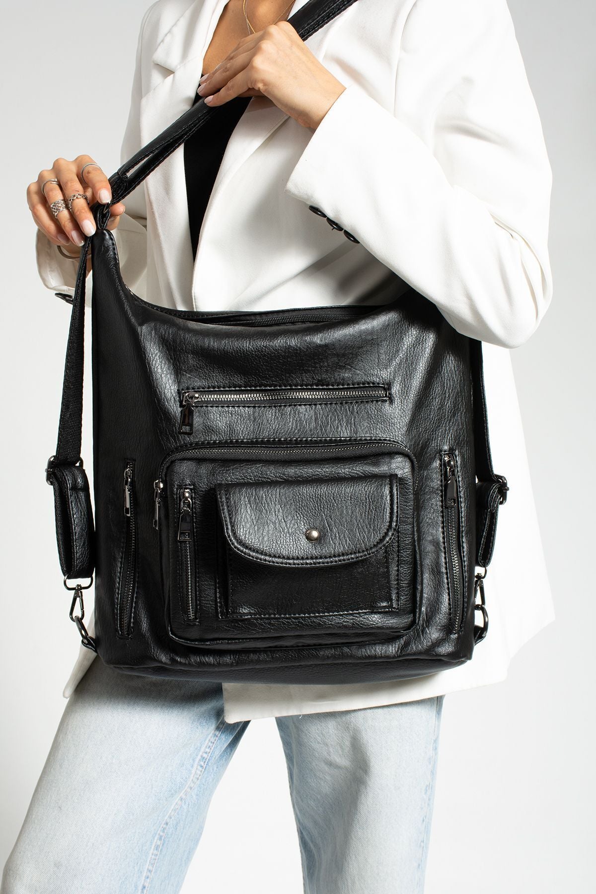 Fiona Kadın Siyah Sırt Çantası Ve Çapraz Çanta 10 Gözlü Büyük Çanta