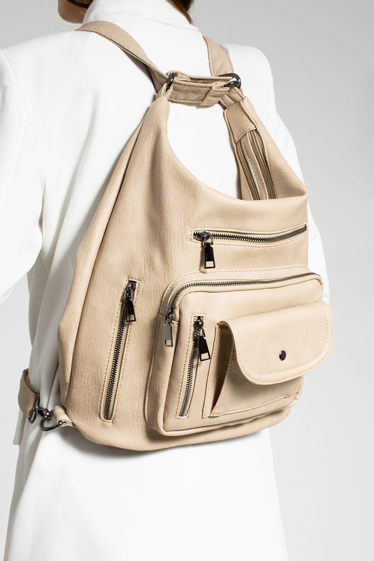 Kadın Krem Sırt Çantası Ve Çapraz Çanta 10 Gözlü Büyük Çanta