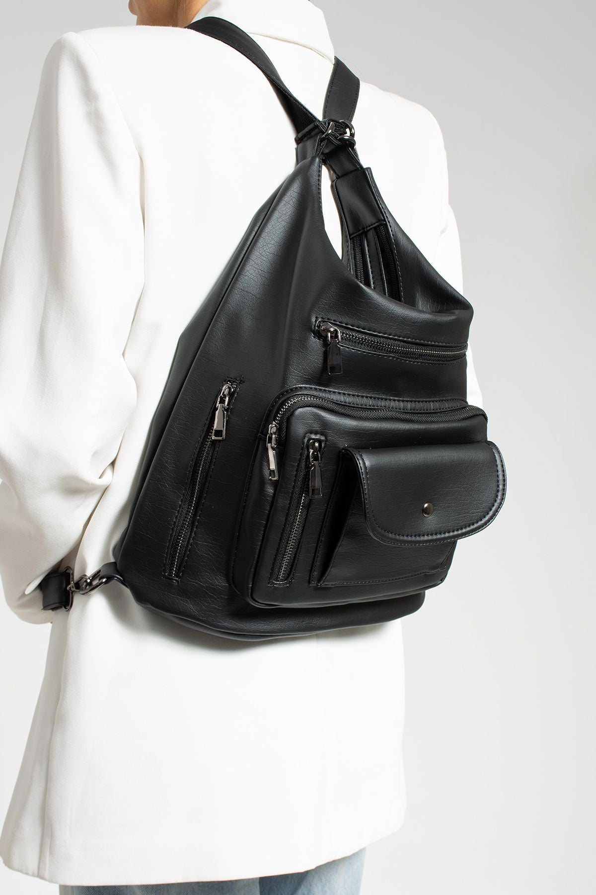 Kadın Siyah Sırt çantası Ve Çapraz Çanta 10 Gözlü Büyük Çanta