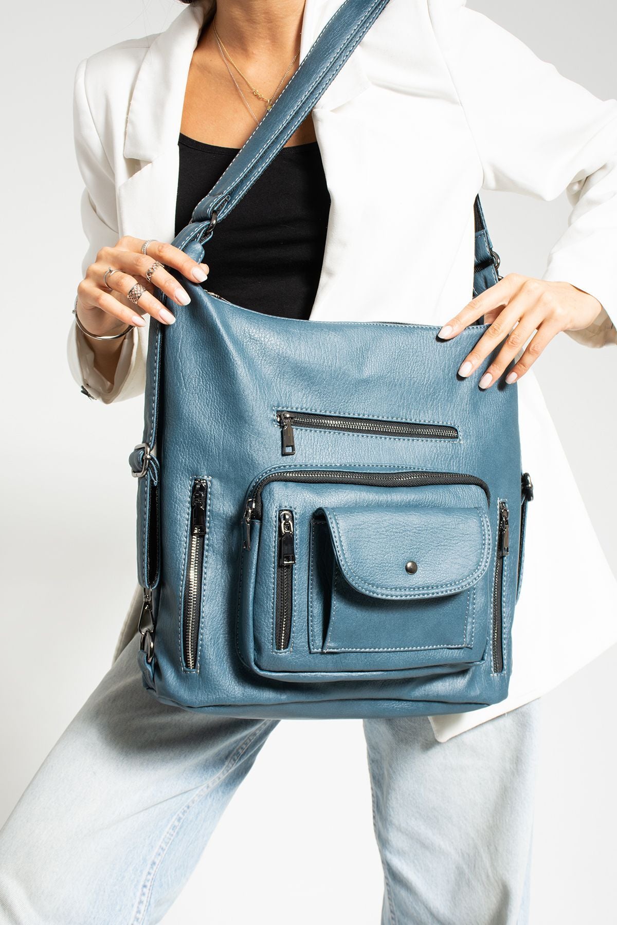 Kadın İndigo Sırt çantası Ve Çapraz Çanta 10 Gözlü Büyük Çanta